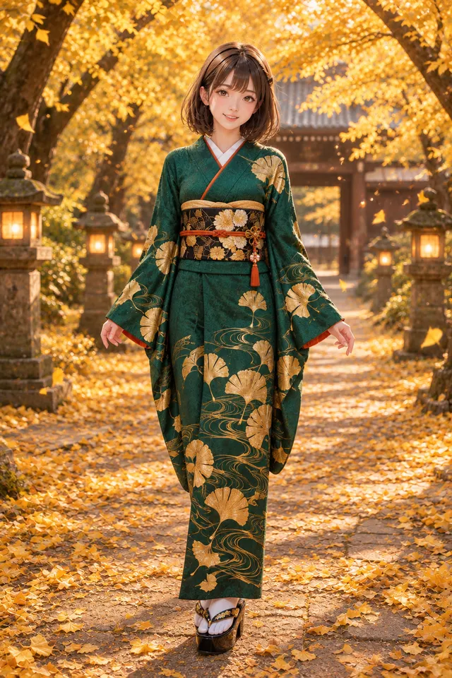 銀杏×深緑の秋着物コーデ👘🍂