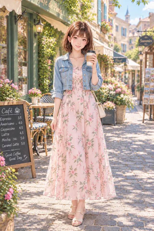 花柄ワンピース＆デニムジャケットコーデ🌸🩵