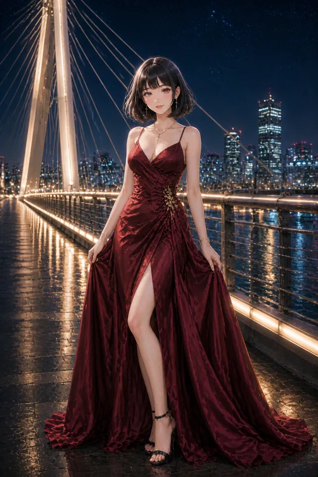 ボルドーサテンドレス夜景コーデ🌉