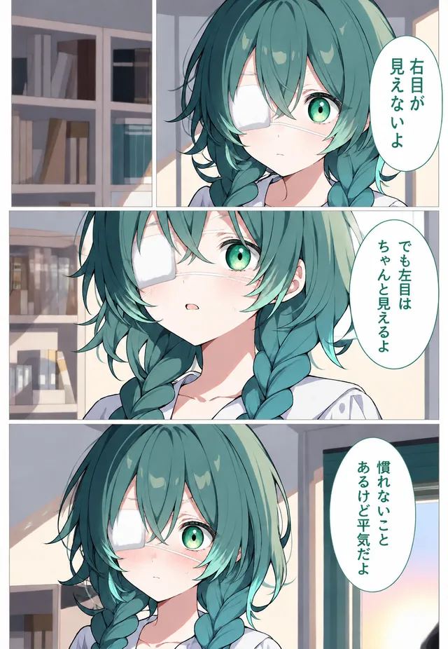 DaysAIで3コマ漫画作っていました

中学2年生の夏右目が見えなくなった日
夏休みに入る前に入院生活をしていました。