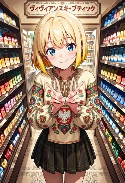 日本の田舎の小さなドラッグストア（金◯薬品とか）に見えるけど、『ヴィヴィアンスキ』って "カタカナ" で書いてあるからポーランドのお店。ポーランドの民族衣装ヴィヴィアンスキ。