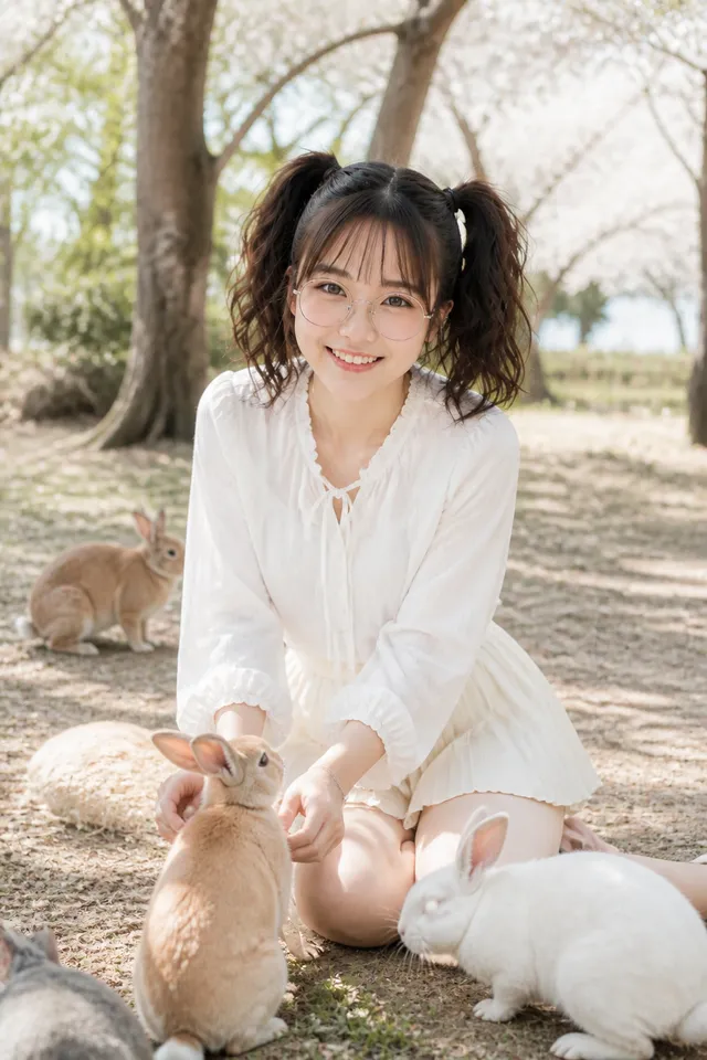 ふと思い立ってうさぎ島へ遊びに来た女の子です。可愛いうさぎと戯れています。