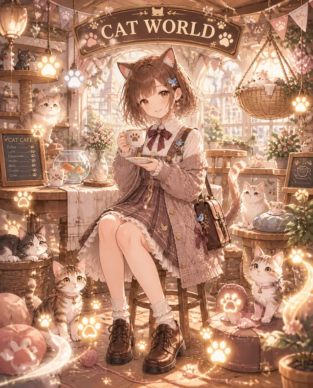 元イラストから
猫ちゃんに囲まれてネコミミちゃんになった世界を作れます。