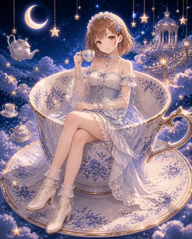 プロンプトお借りして、コーヒーカップに可愛く座ってます。