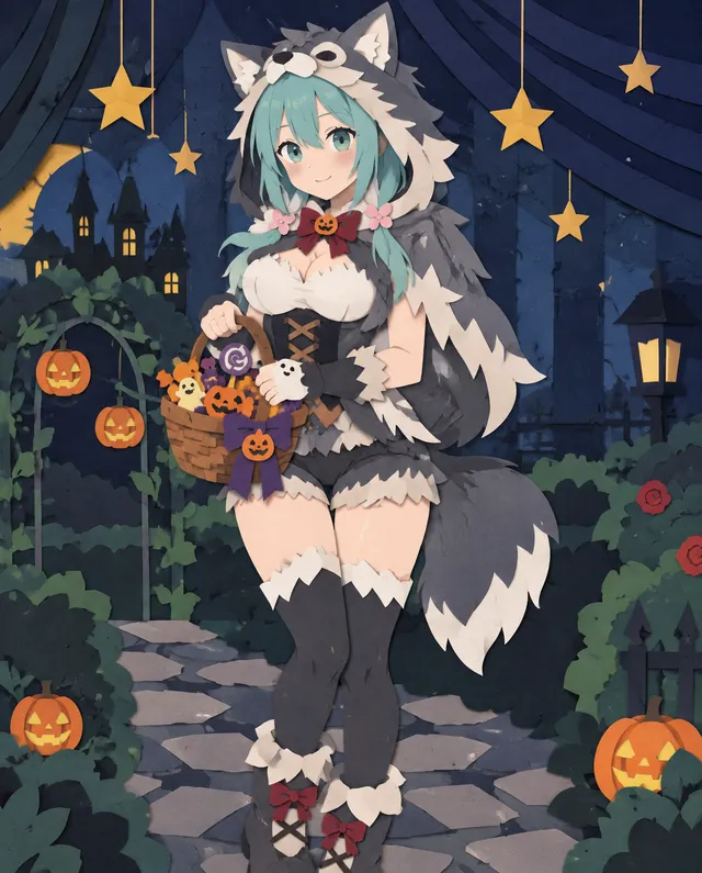 #うちの子のベストショット
切り絵風にしたハロウィンイラスト
オオカミ男風コス仕様です。