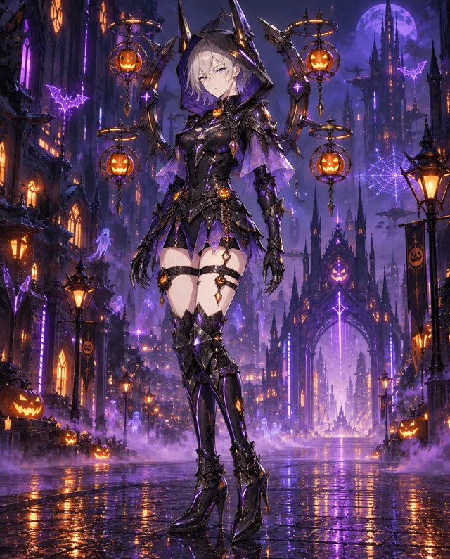 #うちの子のベストショット
X公開前のサイバー＆ハロウィンミックス衣装です。
MIO's Wardrobe Vol.112｜DUSK ROTOR
角付きフードと四灯のリングをまとう、サイバー・パンプキンウィッチ