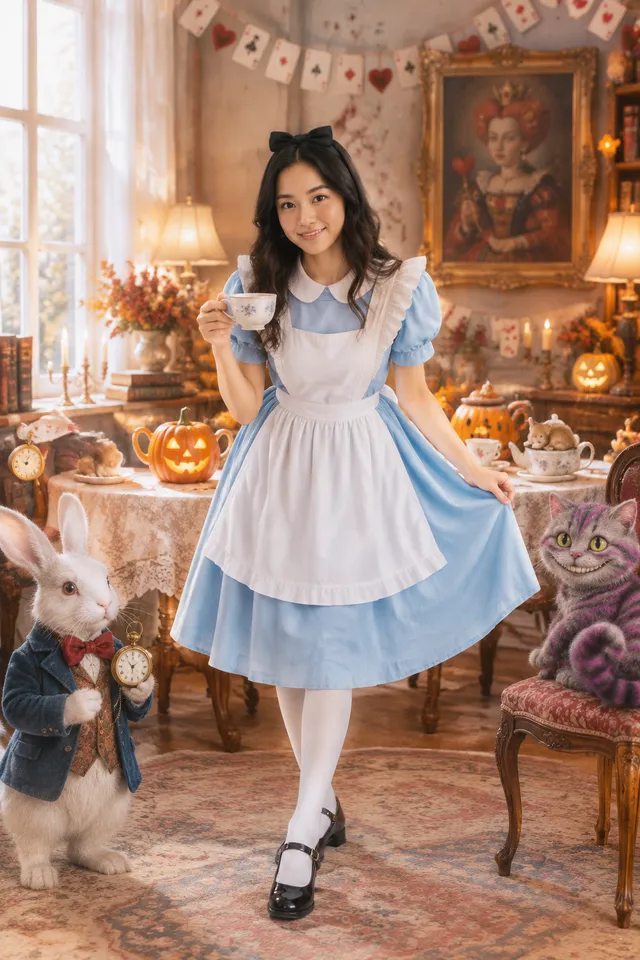 ハロウィン仮装 ハロウィン・アリス
雫石りあな、水色ドレスと白エプロンで室内のお茶会へ。左には懐中時計を持つ白うさぎ、右にはチェシャ猫、奥の壁にはハートの女王の肖像画。カボチャのティーポットとトランプのガーランドで、ハロウィン仕様の不思議の国に着せ替えます。
#うちの子のベストショット