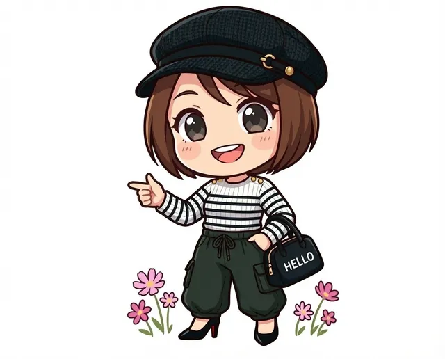 Wearing Urban Chic Casual style outfit.
newsboy cap, holding a small top-handle bag.
Main colors: #FFFFFF white, #0A1316 very dark navy black, and #2D3A30 very dark green. Top details: #FFFFFF white and #0A1316 very dark navy black striped (Breton) ribbed knit long-sleeved top with small gold shoulder buttons. Bottom details: #2D3A30 very dark green loose-fitting balloon-leg cargo pants with a drawstring waist and side flap pockets. Accessories: #0A1316 very dark navy black textured newsboy cap with gold-tone hardware; #0A1316 very dark navy black small top-handle bag with white text "HELLO" and gold zipper. Legs/Feet details: #000000 black pointed-toe stiletto pumps with visible red soles. Texture/Pattern details: ribbed knit for the top, woven twill for the pants.