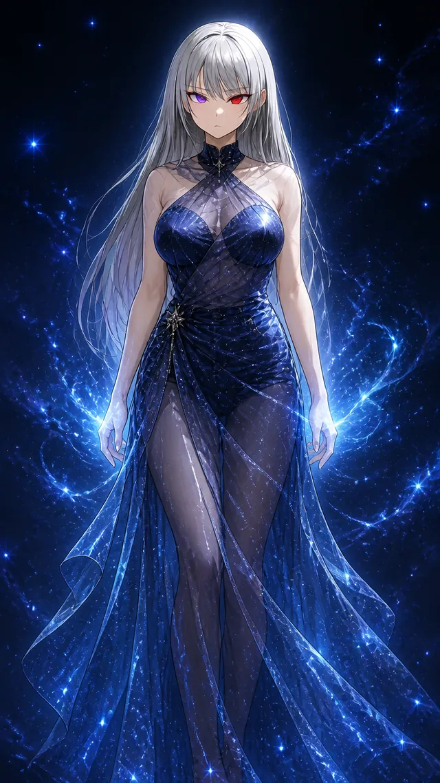 内側から優しく輝く星屑の粒子が埋め込まれた、薄く透き通る半透明の生地のレイヤーで作られたアニメスタイルのシースルー星空ドレス。衣装はドレスの流れるようなドレープに完璧に沿う、宇宙的な濃紺とダークブルーのトーンを特徴としています。淡い青色の魔力光エフェクトと神秘的に輝くオーラが指先の近くから放たれ、衣服の煌めく宇宙の質感へとシームレスに溶け込んでいます。