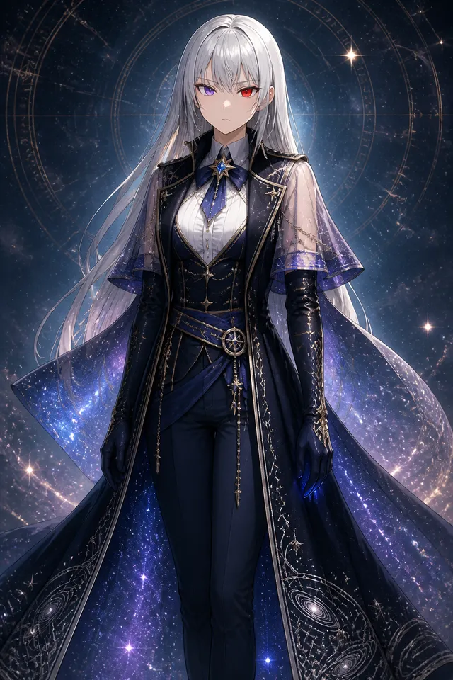 (masterpiece:1.2), (high detail:1.2), (fantasy illustrator style:1.2), (celestial navigator outfit:1.3), (deep navy velvet coat:1.3), (sheer fabric on shoulders:1.4), (see-through shoulder panels:1.3)