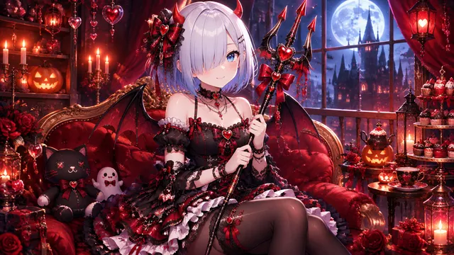ハロウィン企画第2段、小悪魔風衣装です。16:9比率はハロウィンのアイテムをたくさん並べられるのでおすすめですよ。 #うちの子のベストショット