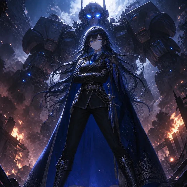 (masterpiece:1.2), 1girl, focus on character, arms crossed tightly over chest, legs wide apart, looking down at the camera, low-angle shot,
no change costume

[Background], a colossal giant robot standing in the far background, towering behind the girl, mechanical details, glowing eyes, epic scale, smoke and explosions, dynamic lighting