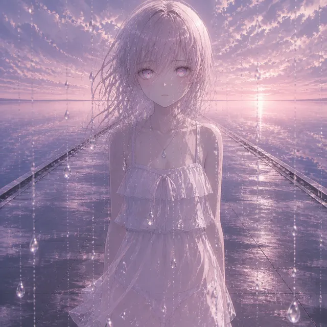 View: focus on Full body, looking at viewer
Outfit: Rain-droplet style, summer
Eye: coral color, pink, cyan and lime-green pupils
Environment: Standing on the road where path to be a horizon, surround a huge lake, nothing to move