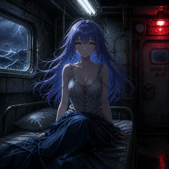 A cinematic psychological thriller anime illustration set inside a dark fishing vessel in the Bering Sea before dawn during a violent thunderstorm.

A young adult woman suddenly wakes up on a narrow metal bunk bed inside a cramped ship cabin.
Her expression is emotionless and distant, as if she is strangely accustomed to waking up in unfamiliar places.
Her memories are fragmented and unclear.

The cabin is dimly lit by a flickering fluorescent ceiling light mixed with intermittent red emergency lighting.
The entire room tilts violently with the rough sea, creating an unstable and claustrophobic atmosphere.

Thunder flashes occasionally illuminate the cabin in cold blue-white light.
Wet metallic walls, exposed pipes, rust stains, and subtle engine vibrations emphasize the harsh industrial environment.

Outside the cabin, muffled shouting and the distant sound of chains and heavy machinery can be heard.
The atmosphere feels isolating, cold, and deeply unsettling.

Psychological thriller mood, cinematic composition, realistic lighting, heavy shadows, subtle film grain, tense atmosphere, emotionally detached protagonist, immersive environmental storytelling, dark blue-gray palette, high-detail anime movie aesthetic.