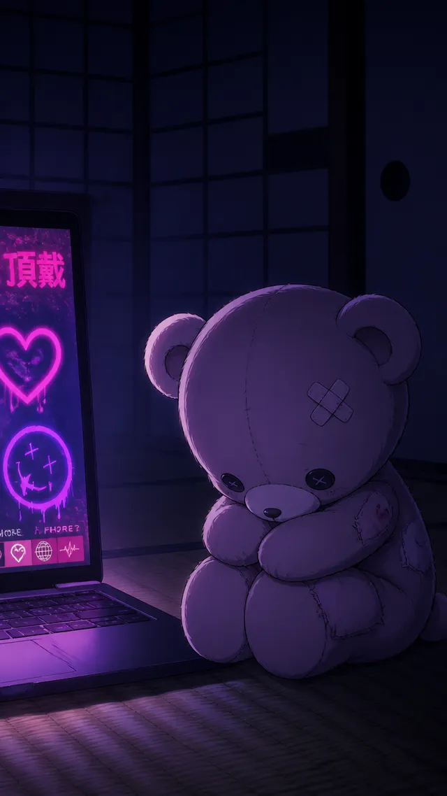 暗い部屋の隅で体育座りしながら項垂れているちっちゃいクマのぬいぐるみ
View: ぬいぐるみの上半身にフォーカス
背景: パソコンの画面の光だけがある明かりのついていない和室