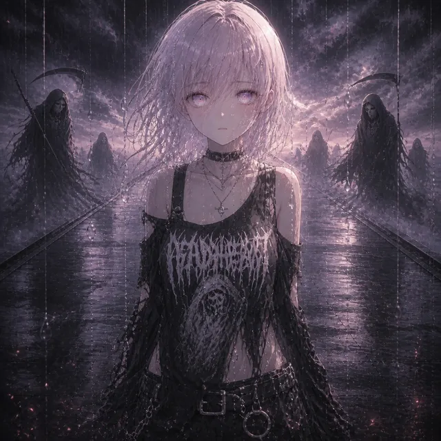 modern metalcore mix, huge low-end, polished but aggressive, cinematic atmosphere, wide stereo guitars, tight drum compression, epic dynamic transitions, Hyper-compressed, Sidechained, spatial reverb, wide-range
dropped rain turn into the Something like the Grim Reaper is lurking