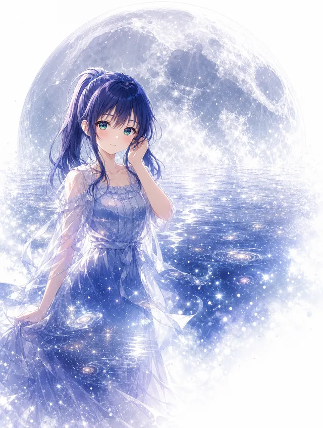 巨大な満月と少女、そして無数の星が広がる「星の海」を一つの世界として描いた、幻想的で夢のようなプロンプトです。