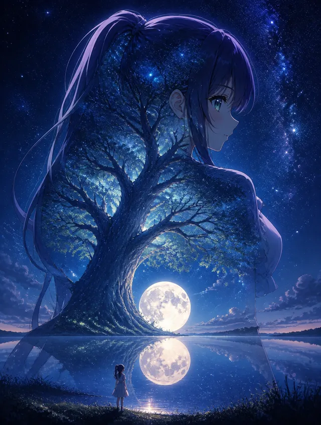 一人の少女のシルエットの中に広がる、ひとつの宇宙。
世界樹、満天の星空、鏡のような海、そして小さな少女。
「心の中には、果てしない世界が広がっている」そんなイメージのイラスト構図になります✨🌙