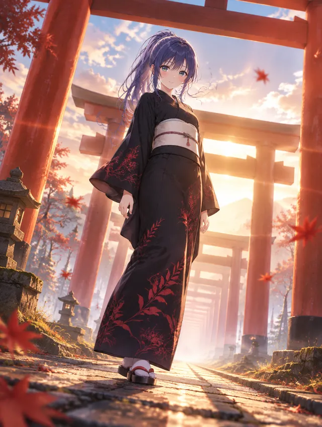 地面すれすれの超ローアングルから、朱色の鳥居が一直線に続く神社を描くプロンプトです⛩️✨

黒い浴衣を着た女性を中央に配置し、奥へ続く鳥居の遠近感で圧倒的なスケールと迫力を演出。

朝日のような柔らかな黄金の光、薄い霧、舞い散る紅葉を組み合わせて、静けさの中にも力強さを感じる映画のワンシーンを目指しています☺️🍁