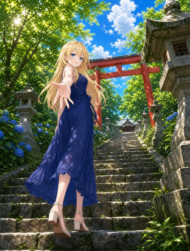 ⛩ 神社までの階段をローアングルで。

※衣装はそのまま生成されます。

#みきふくプロンプト