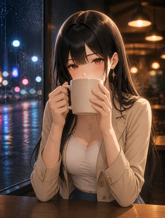 雨の日の夜は、カフェで暖かいコーヒーを☕∘°

※衣装は、変わりません。

#みきふくプロンプト